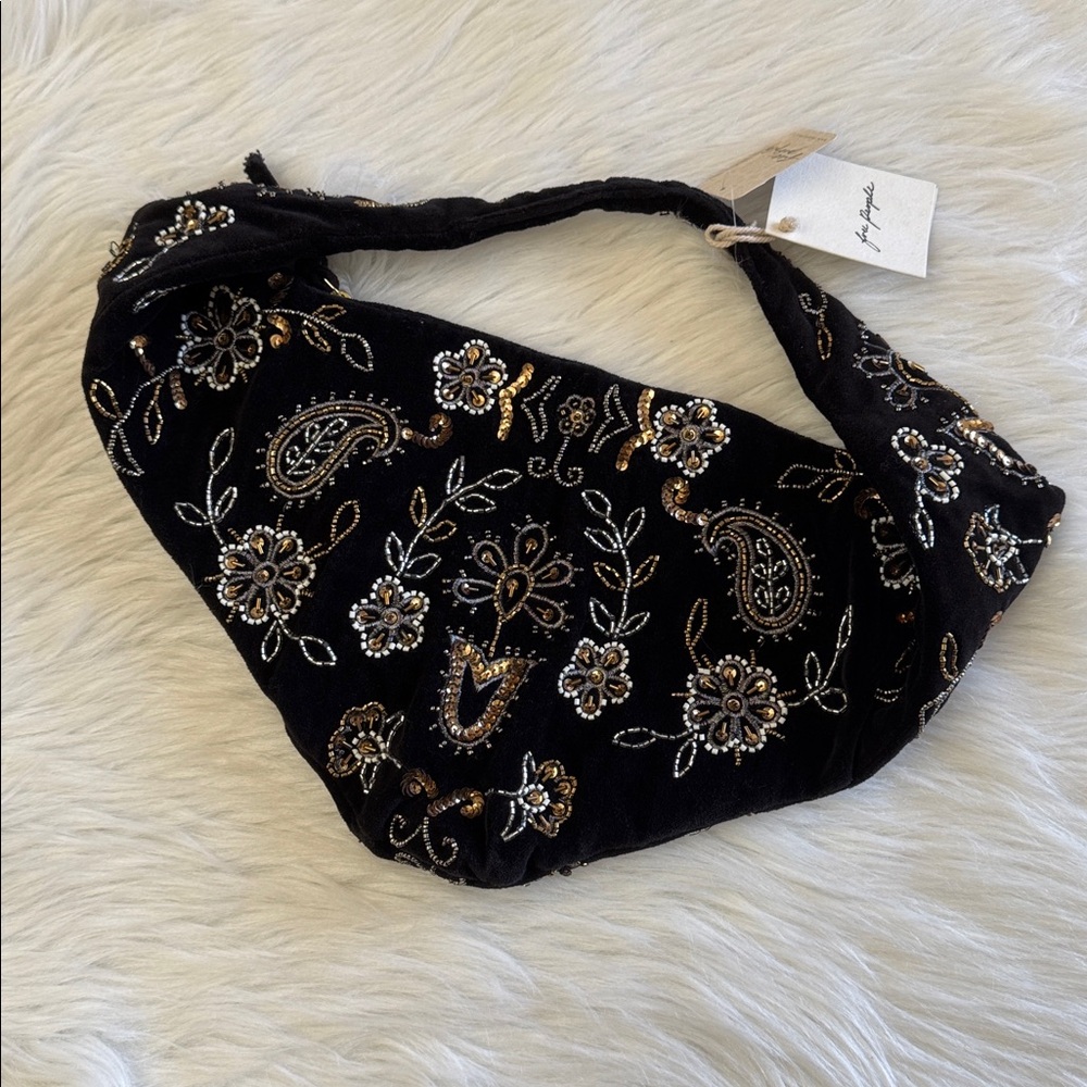 Free People Nashville Nights Beaded Black Velvet Shoulder Bag - Picture 6 of 12